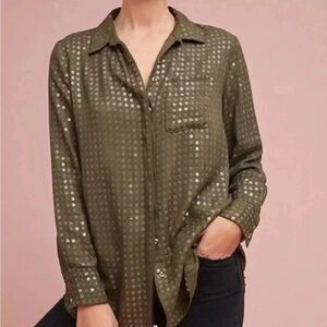 Anthropologies Maeve Womens Button Up Shirt Sequins Rayon Green Sz S Relaxed Fit